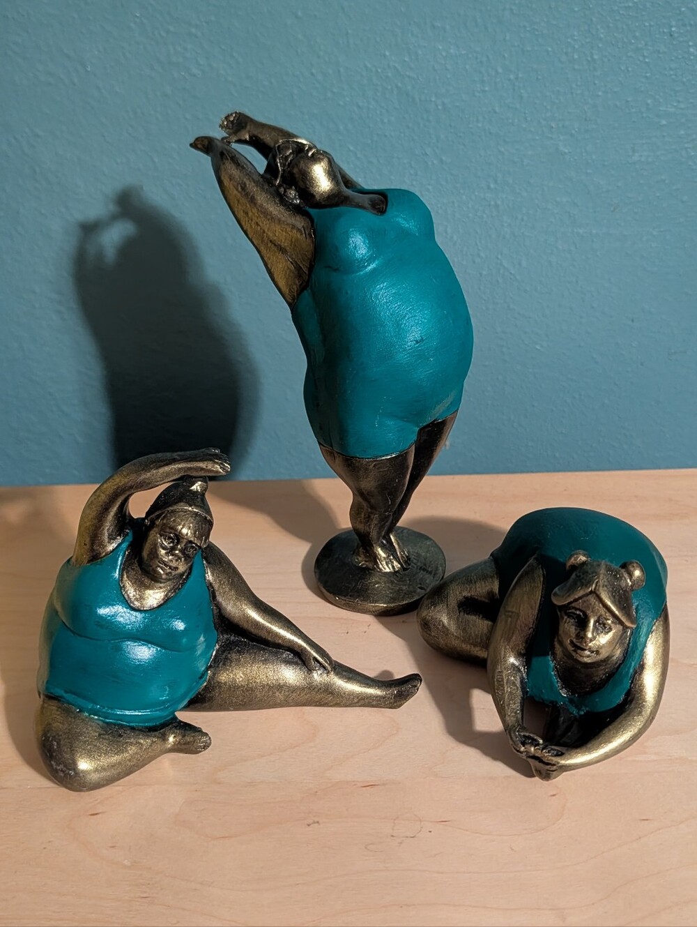 Set of 3 Curvy Yoga Woman Figurines Turquoise Bronze Tone Resin Sculptures